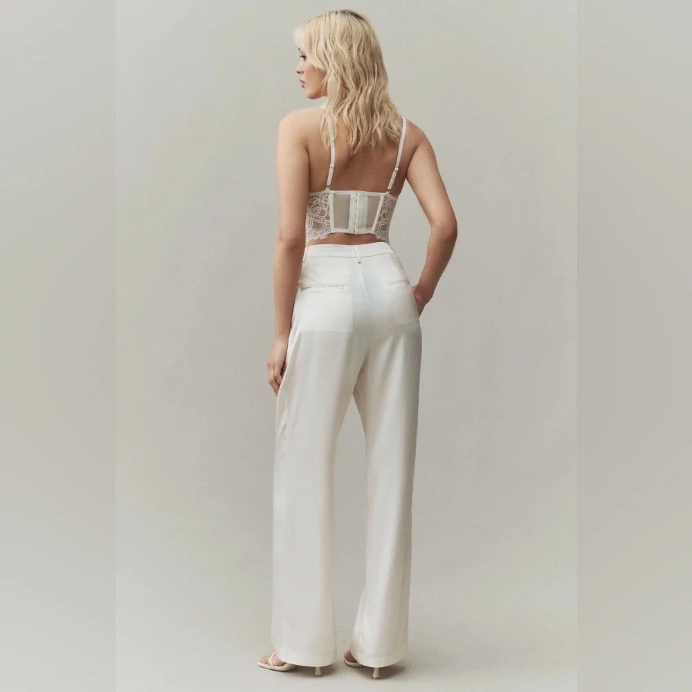 Reformation Mason Satin Style Pants in Ivory Size 10 - Picture 3 of 7